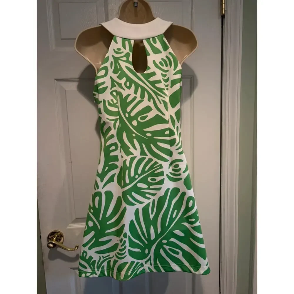 CK‎ Bradley Green Palm Print Halter Dress Size S Tropical Resort Keyhole Coastal